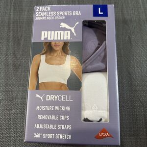 PUMA Performance 2 Pack Ladies Seamless Sports Bra Purple And White L Open Box